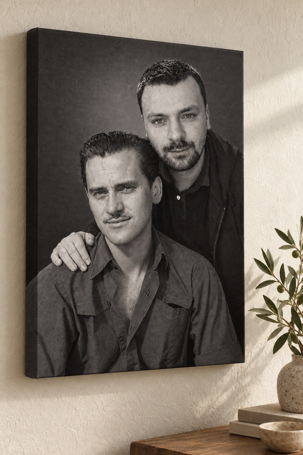 Black and white memorial portrait on gallery canvas