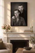 Framed canvas portrait, black frame, above a fireplace