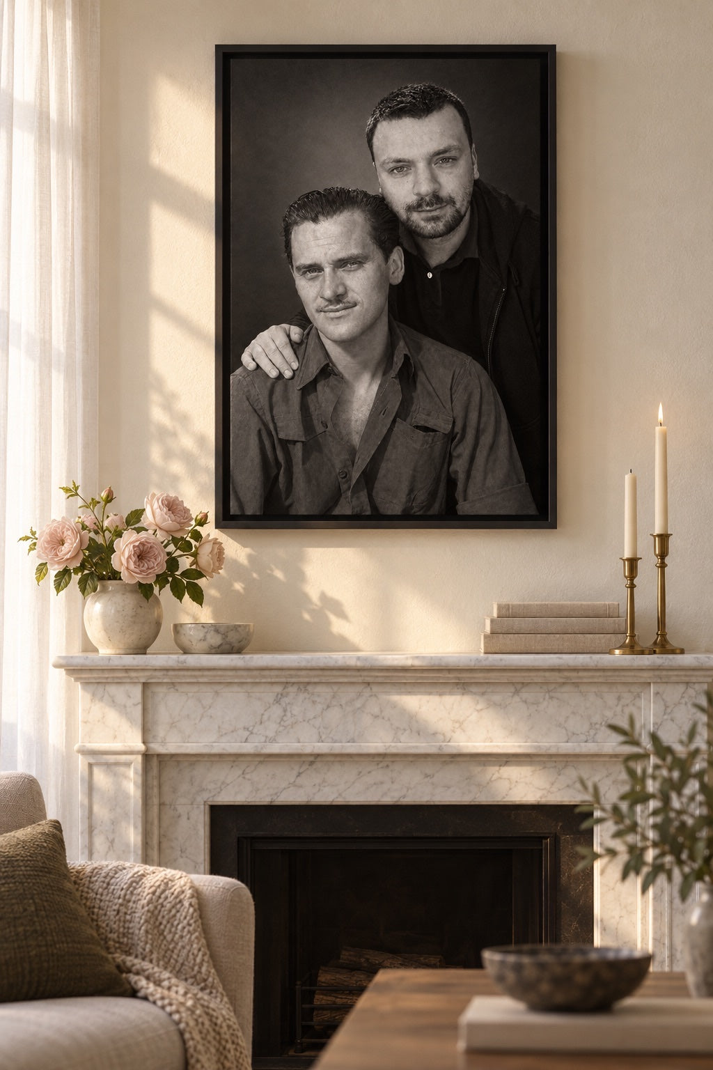 Framed canvas portrait, black frame, above a fireplace