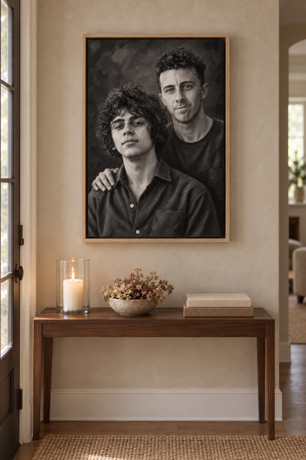 Framed canvas portrait, oak frame, in a hallway