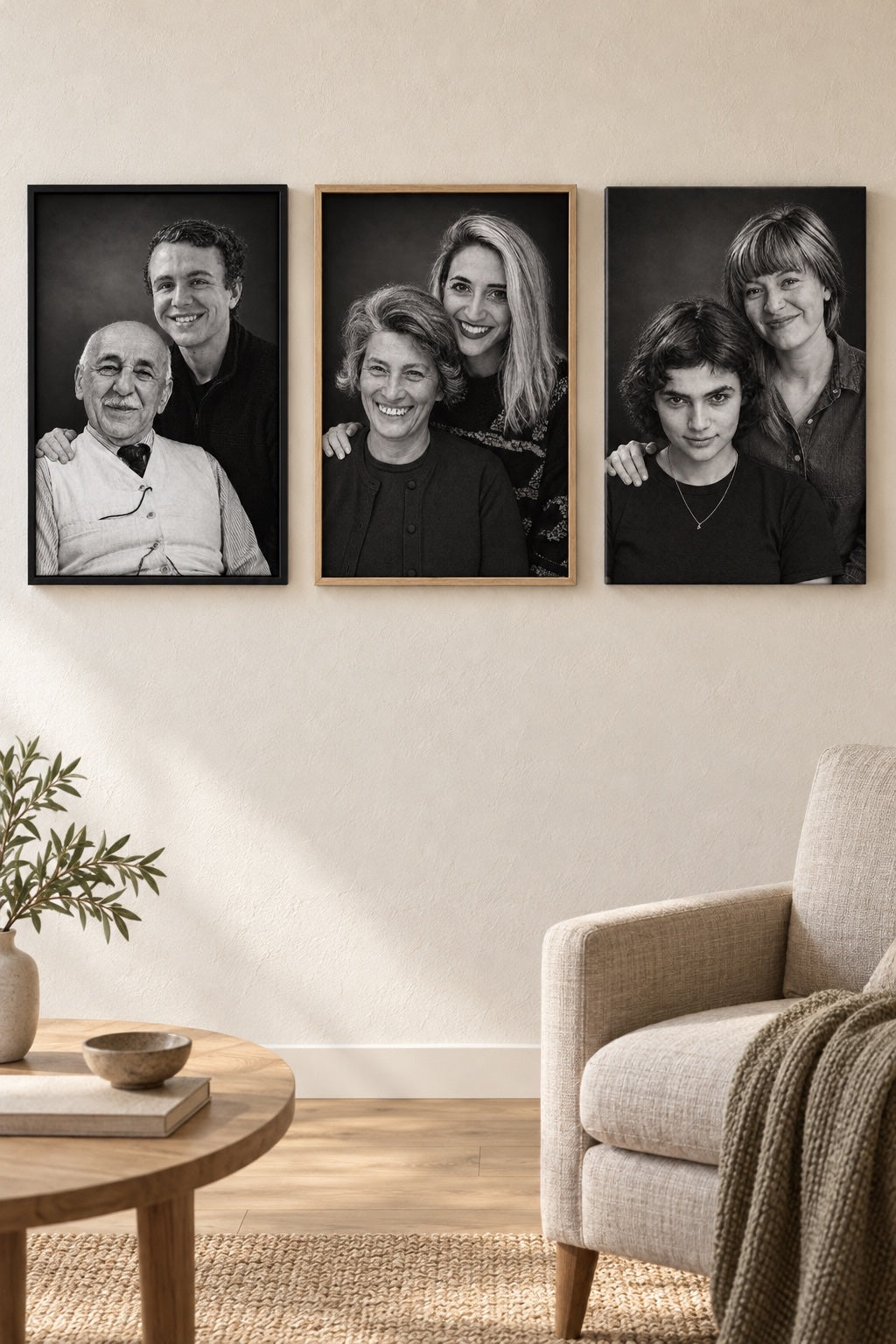 Framed canvas portrait in black and oak frames