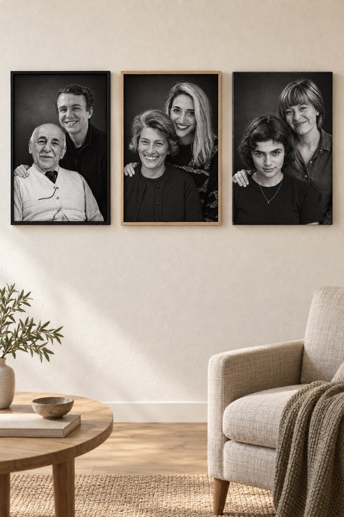 Framed canvas portrait in black and oak frames