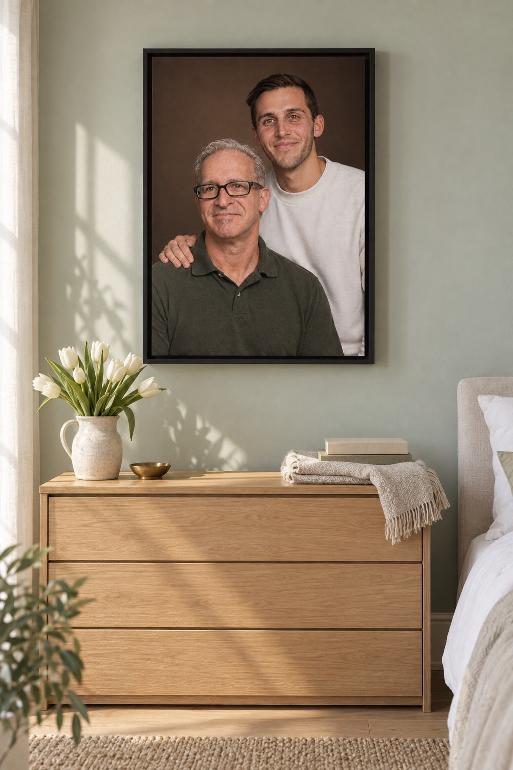 Colour framed canvas portrait on a dresser