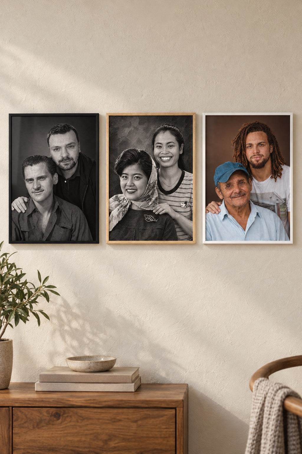 Framed print portrait in oak, black and white frames