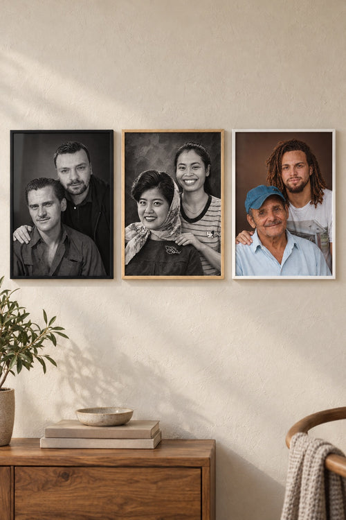 Framed print portrait in oak, black and white frames